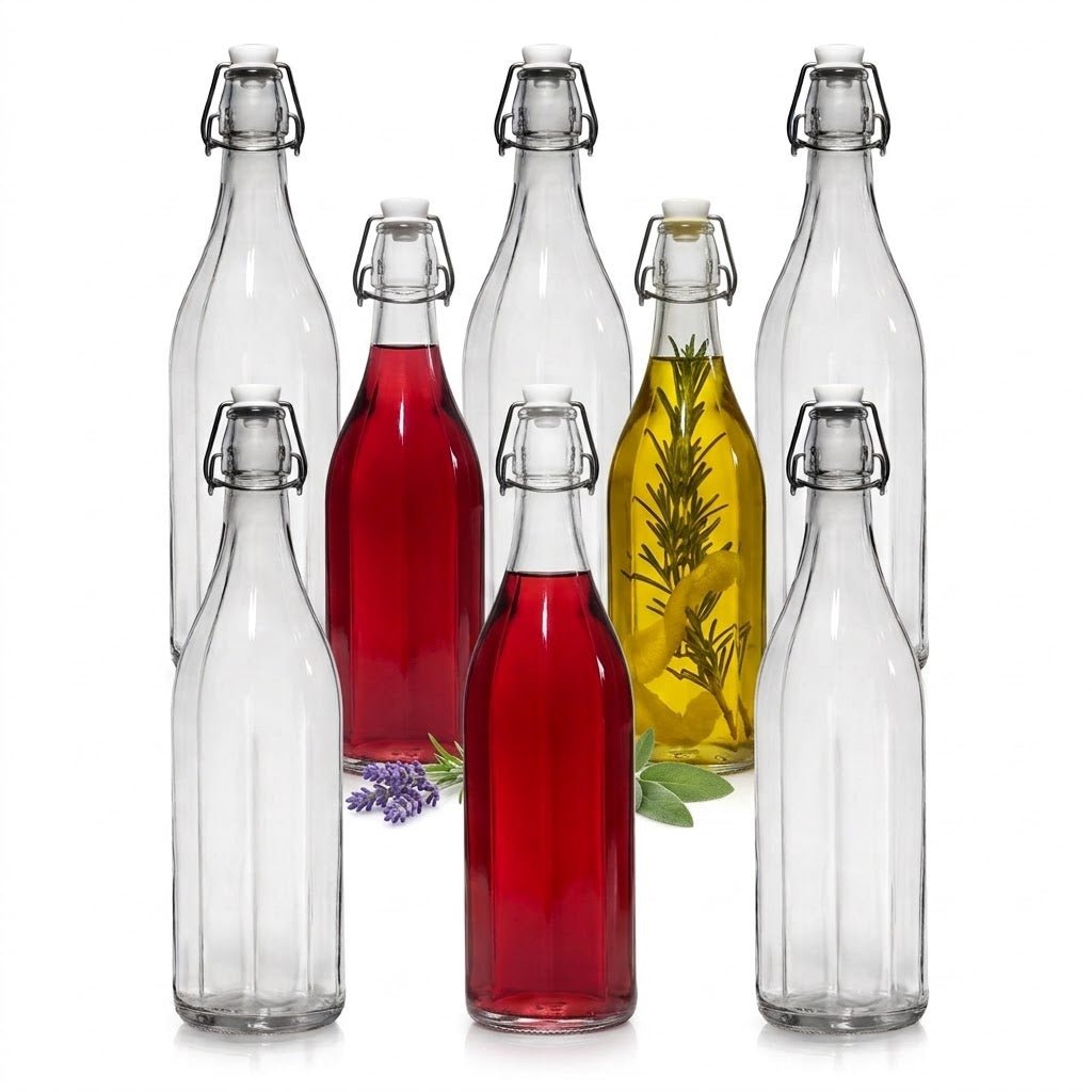 Set di 6 bottiglie in vetro con tappo a leva da 1L, ideali per conservare olio, liquori e acqua in tavola.