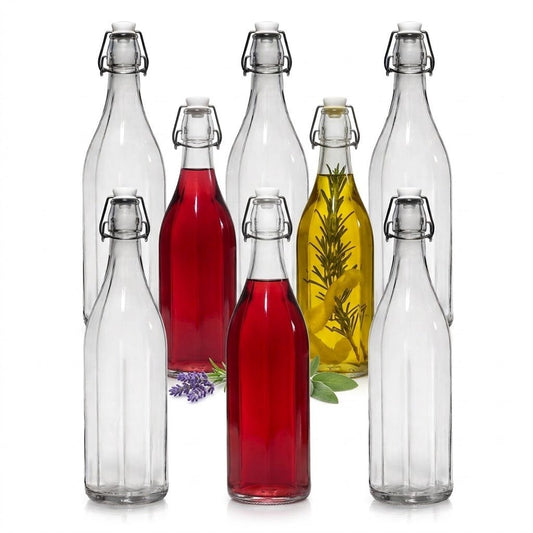 Set di 6 bottiglie in vetro con tappo a leva da 1L, ideali per conservare olio, liquori e acqua in tavola.