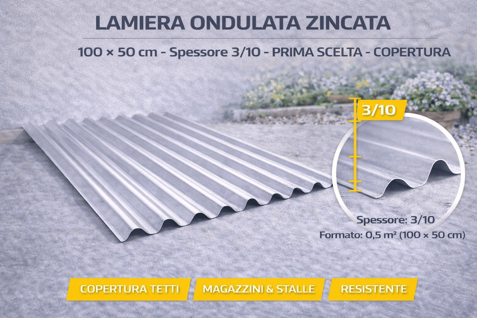Lamiera Ondulata Zincata 100x50 cm Spessore 3/10 Prima Scelta Copertura - Lemag srl