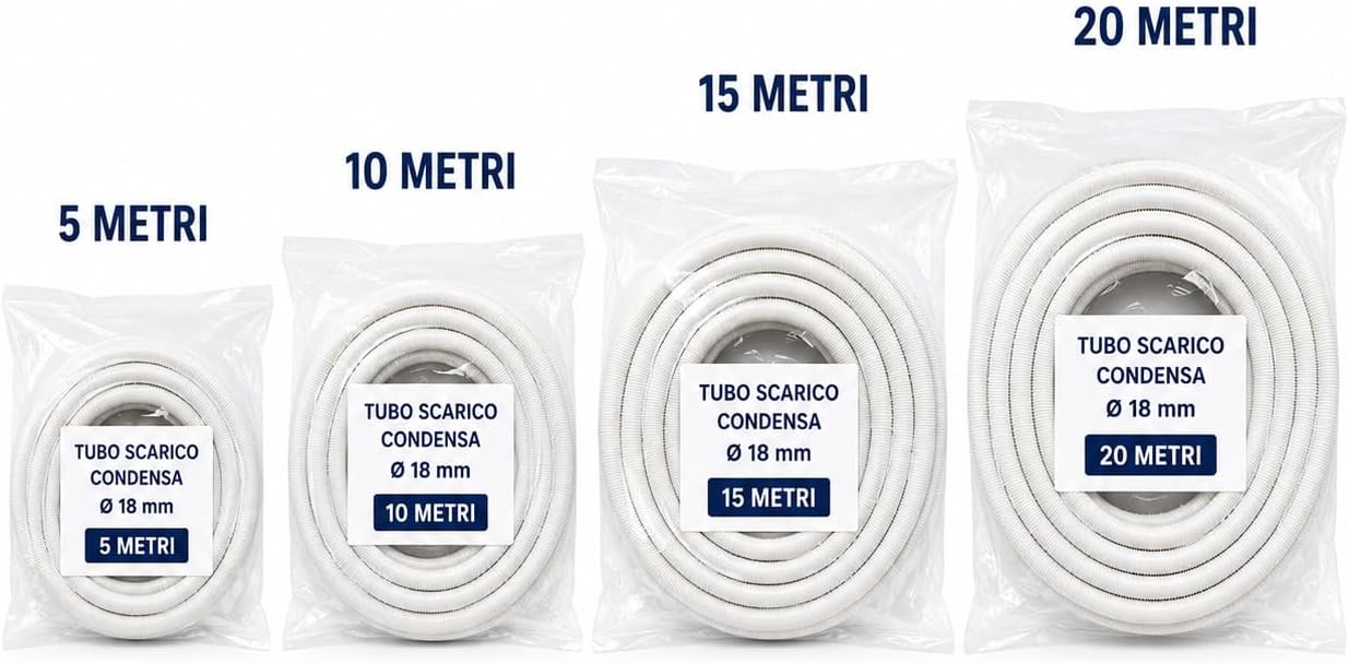 Rotoli di tubo scarico condensa climatizzatore da 18 mm flessibile in confezioni da 5, 10, 15 e 20 metri.