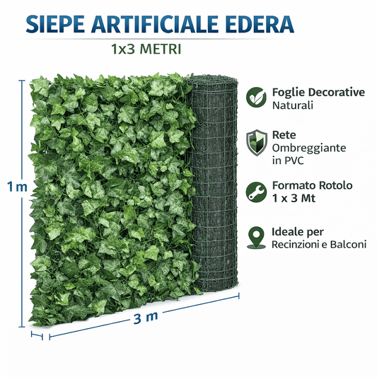 Siepe Artificiale Edera 1x3 m con Rete Ombreggiante PVC Foglie Decorative per Recinzioni Balconi Giardino Privacy Schermo Verde - Lemag srl