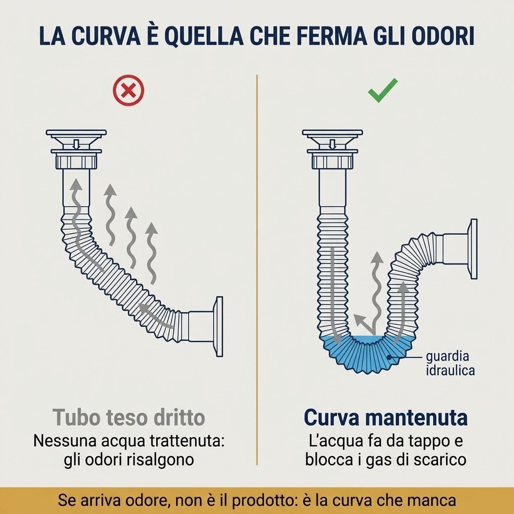 Schema di funzionamento del sifone lavello doppia vasca: la curva crea la guardia idraulica che blocca gli odori dello scarico.