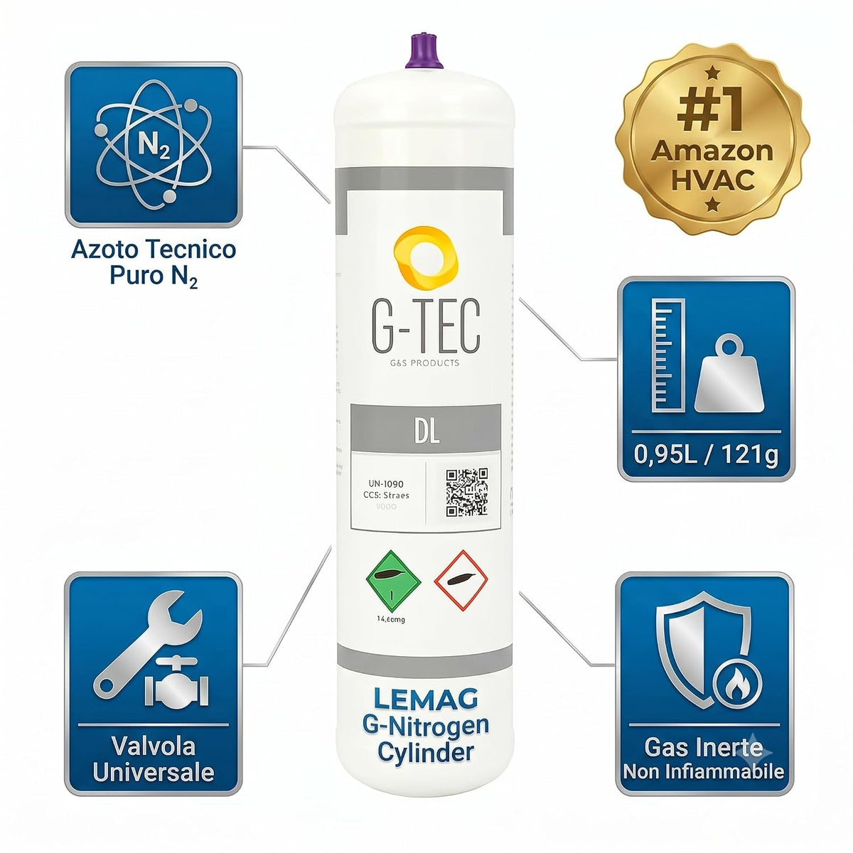 Bomboletta Azoto Tecnico G-Nitrogen 0,95L 121g – Valvola Universale – Spurgo Pressurizzazione Test Tenuta – Climatizzatori HVAC Split Multisplit Auto Celle Frigo Gas Inerte Non Infiammabile - Lemag srl