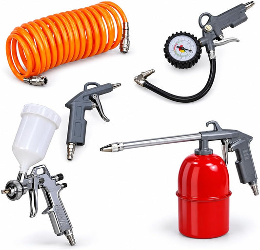 Completo kit accessori per compressore KO277 con pistola gonfiaggio, aerografo, pistola lavaggio, soffiaggio e tubo flessibile.