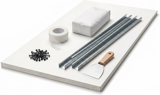 Lemag Kit Cartongesso Completo 120x60 cm Spessore 13 mm – Lastra + Guide Tagliate a Misura + 30 Viti + Nastro Giunti + Stucco 500 g + Spatola – Tutto per un Rappezzo in un Solo Pacco - Lemag srl