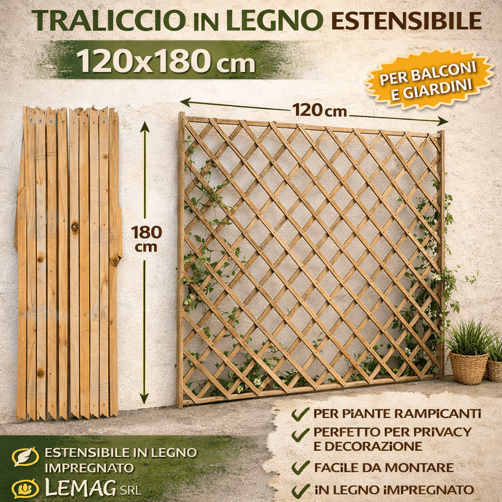 Traliccio in Legno Estensibile 120x180 cm Grigliato per Piante Balcone Giardino - Lemag srl