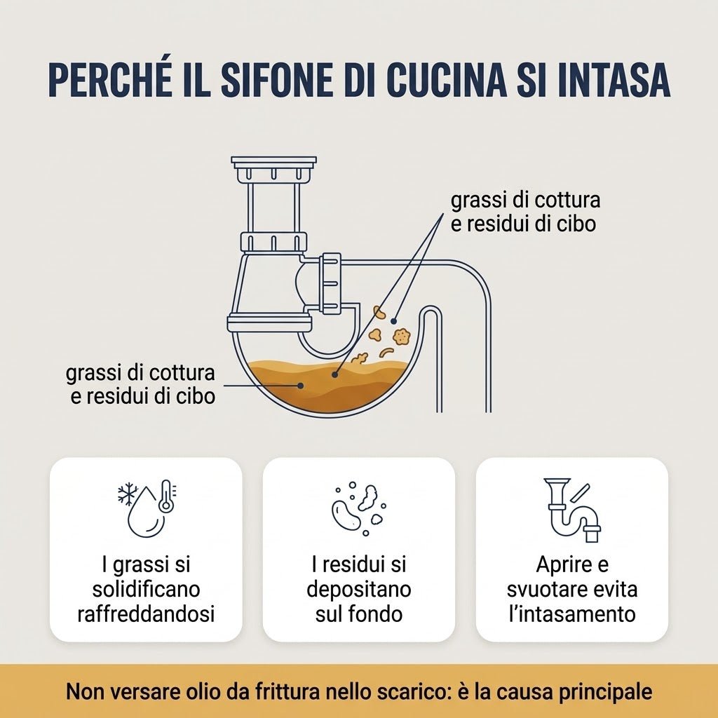 Infografica su come evitare l'intasamento del sifone salvaspazio 2 vasche in cucina causato da grassi di cottura e residui di cibo.