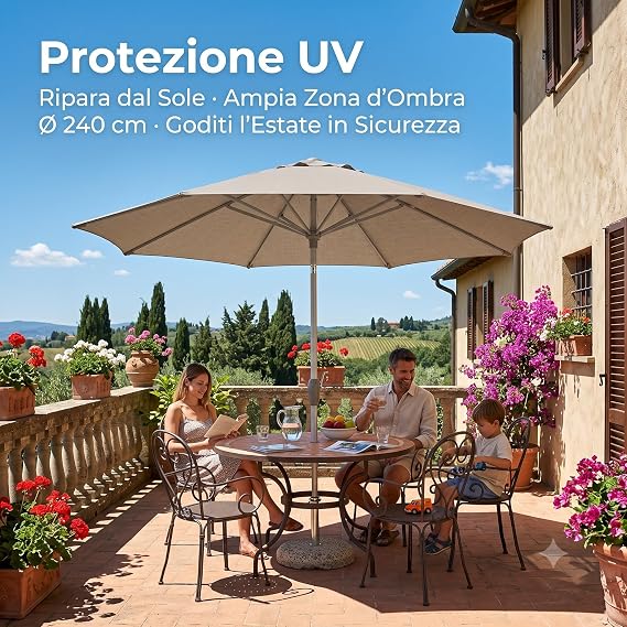 Grande ombrellone da spiaggia 240 cm con protezione UV inclinabile in giardino per riparare dal sole la famiglia.