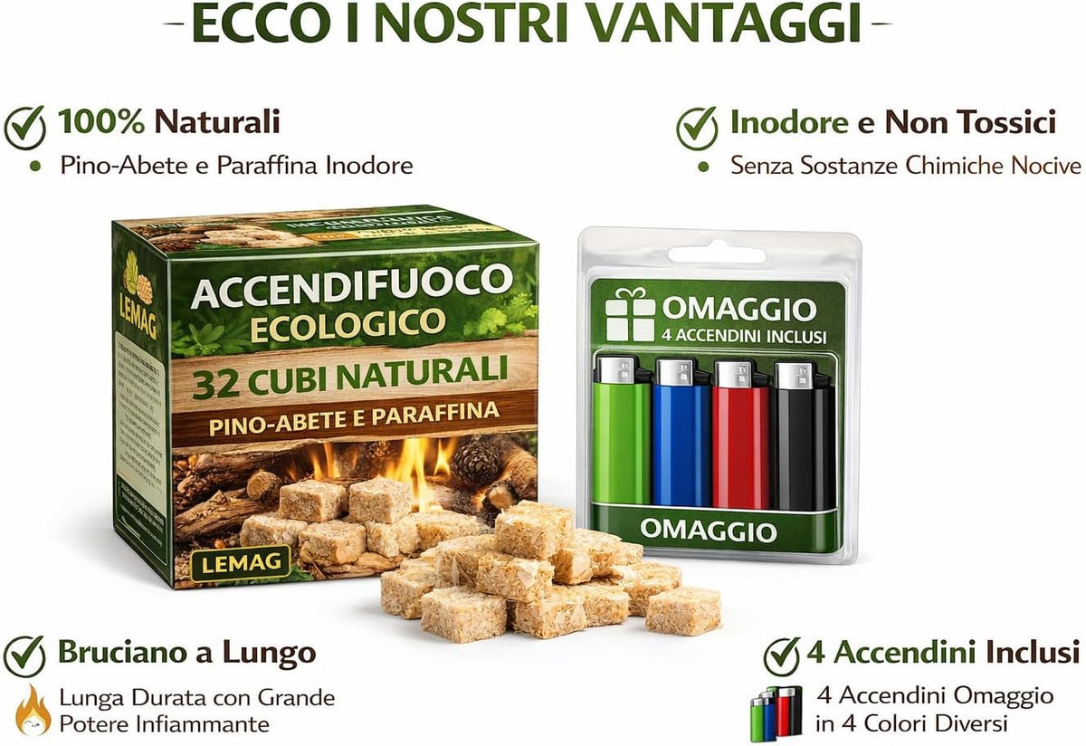 Accendifuoco Ecologico 32 Cubi Naturali Pino Abete e Paraffina Inodore per Camino Stufa Barbecue Grill + 4 Accendini Omaggio LEMAG SRL - Lemag srl