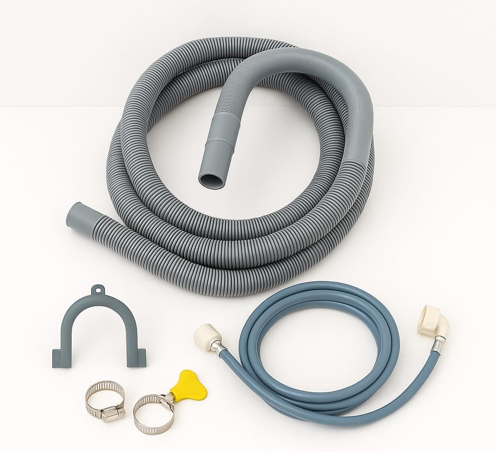 Kit Completo Carico + Scarico Universale per Lavatrice e Lavastoviglie – Tubo Carico 3/4” 2 m + Tubo Scarico 2 m con Gancio e Fascette – Antiperdita, Facile da Installare - Lemag srl