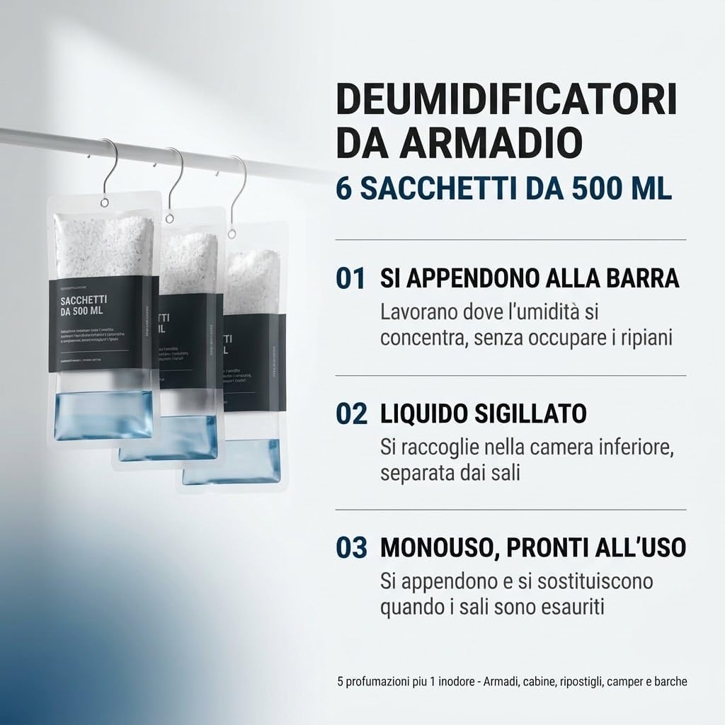 Set 6 Deumidificatori da Armadio con Appendino 500 ml - Sei Fragranze fra cui Inodore - Contro Umidita e Odore di Chiuso - Non Occupa Spazio sui Ripiani - Lemag srl