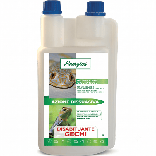 Flacone di disabituante per gechi concentrato da 1 L Energica con dosatore per allontanare gechi da muri e aree esterne.