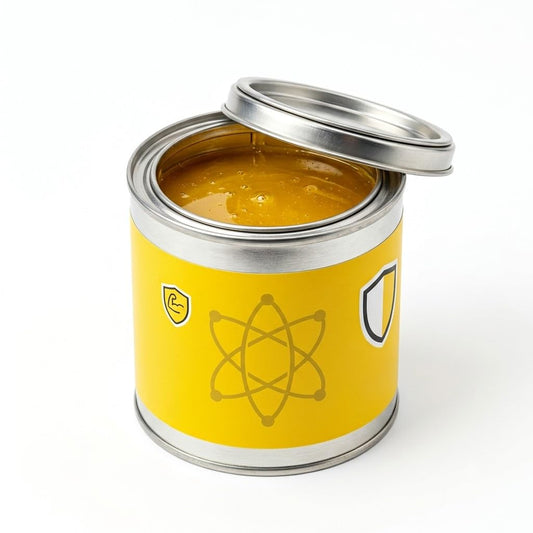 Lattina aperta di colla a contatto per laminato ELSTIK 99 NEW che mostra l'adesivo liquido denso giallo.