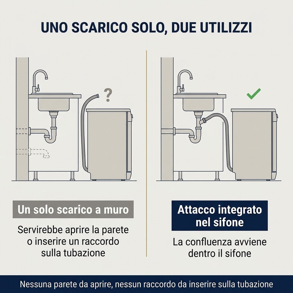 Schema di installazione di un sifone salvaspazio lavello con attacco per scarico lavastoviglie senza opere murarie.