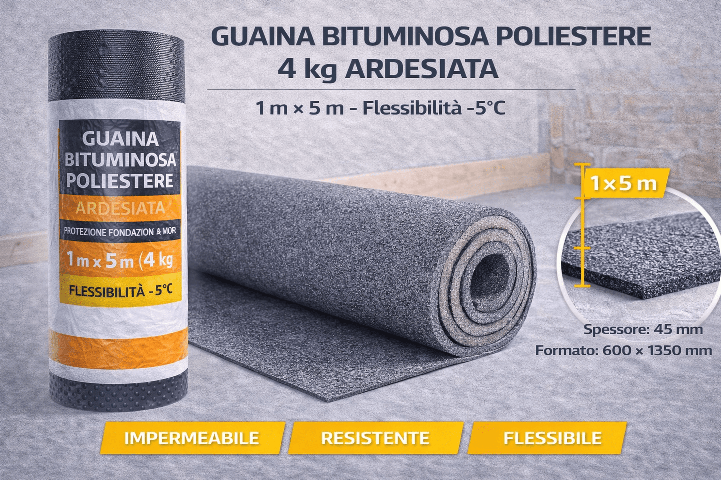Guaina Bituminosa Poliestere 4 kg Ardesiata – 1 m × 5 m – Flessibilità - 5°C - Lemag srl