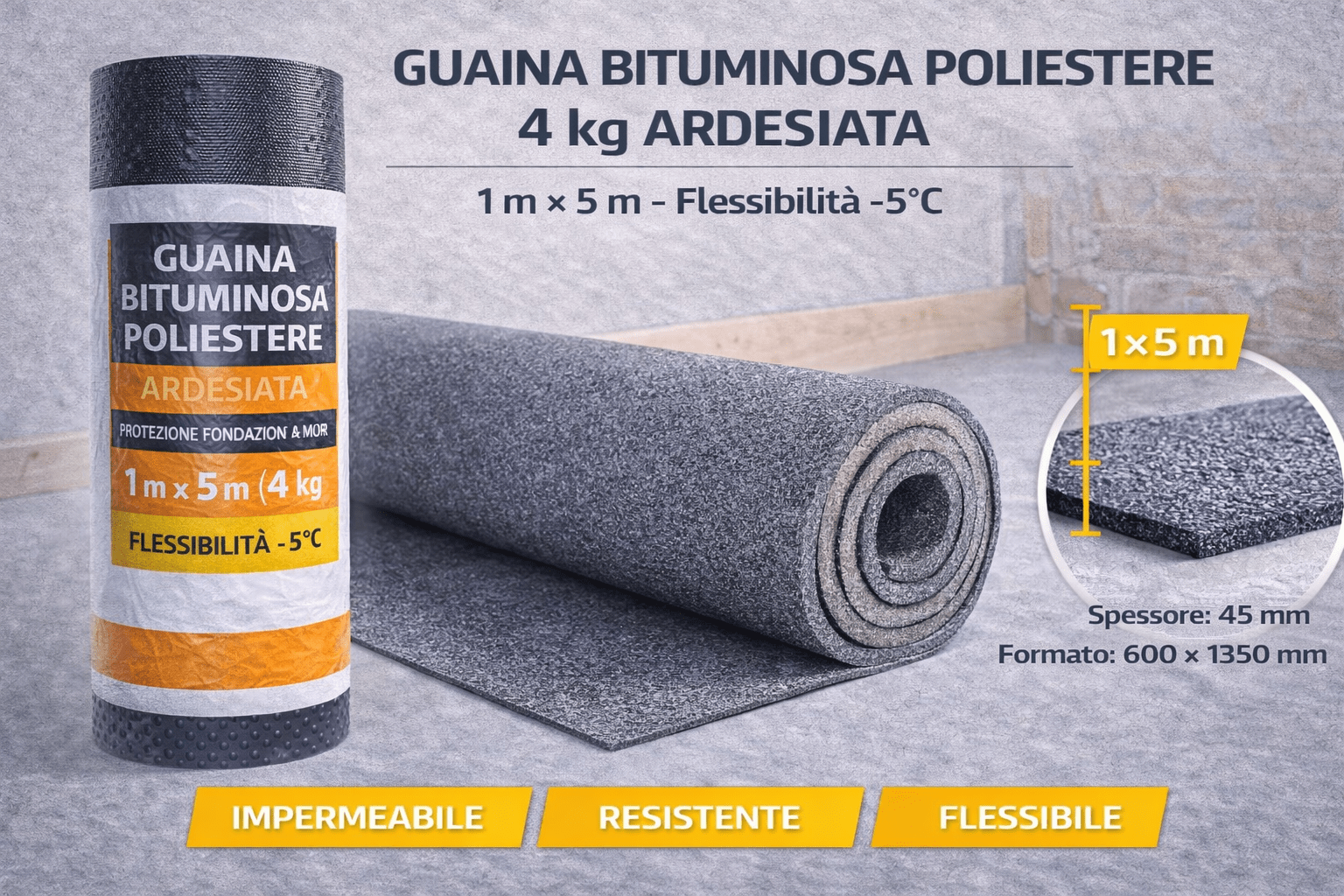 Guaina Bituminosa Poliestere 4 kg Ardesiata – 1 m × 5 m – Flessibilità - 5°C - Lemag srl