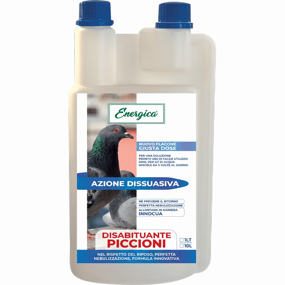 Flacone di disabituante piccioni concentrato da 1 L con dosatore Energica per allontanare i piccioni da balconi.