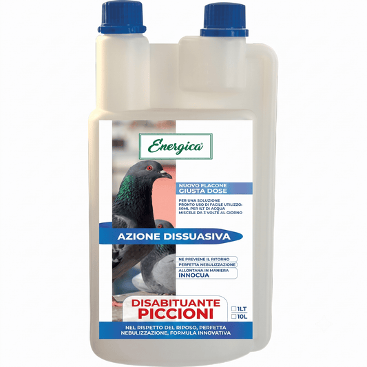 Flacone di disabituante piccioni concentrato da 1 L con dosatore Energica per allontanare i piccioni da balconi.
