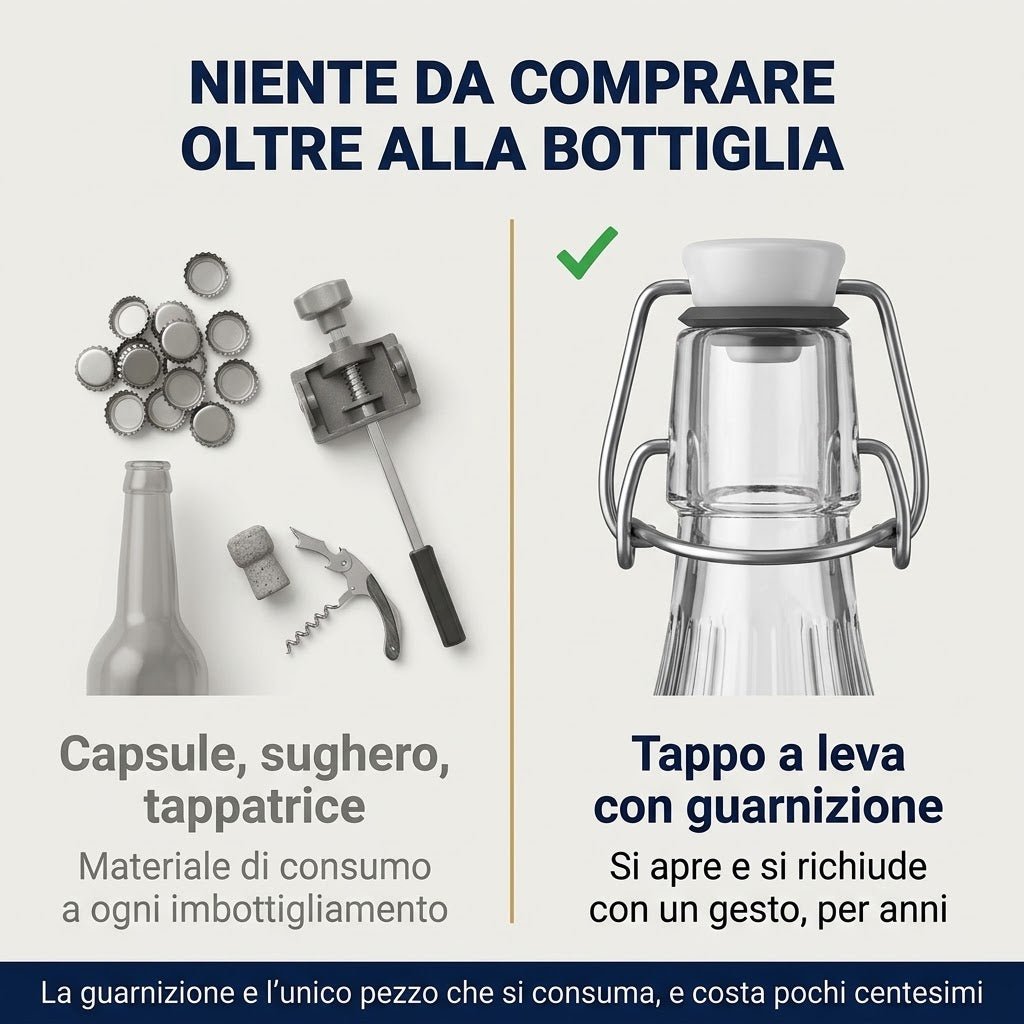 Vantaggi delle bottiglie in vetro con tappo a leva: chiusura ermetica integrata riutilizzabile senza tappi monouso.