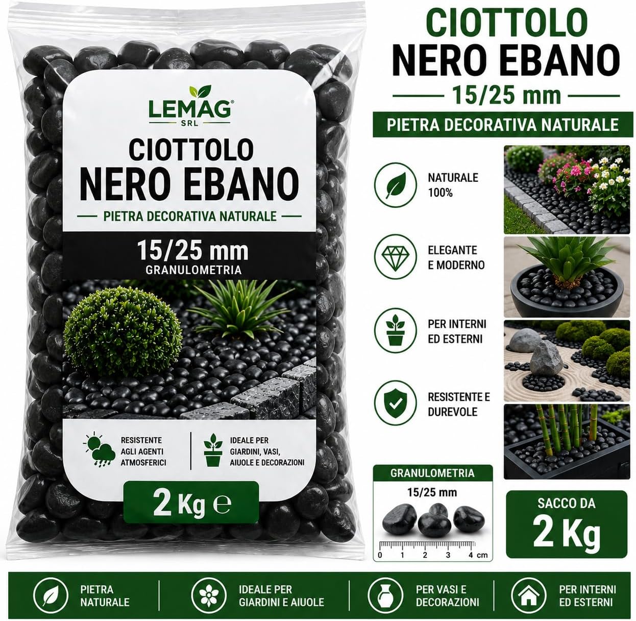 iottolo Nero Ebano 15/25 mm in Sacco da 2 kg Pietra Decorativa per Giardino Vasi Aiuole Decorazioni Interno Esterno - Lemag srl
