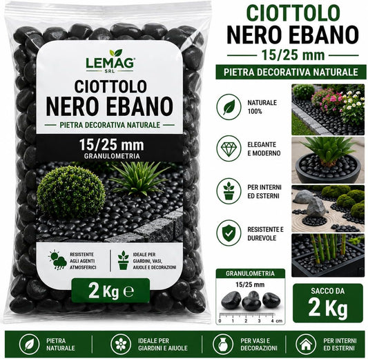 iottolo Nero Ebano 15/25 mm in Sacco da 2 kg Pietra Decorativa per Giardino Vasi Aiuole Decorazioni Interno Esterno - Lemag srl