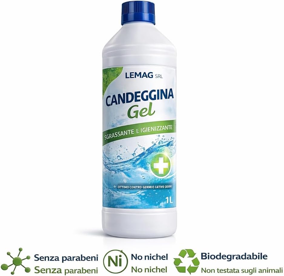Candeggina Gel Multiuso 2 Formati Sgrassante Igienizzante per Bagno Cucina Superfici Senza Parabeni No Nichel Biodegradabile Non Testata su Animali - Lemag srl