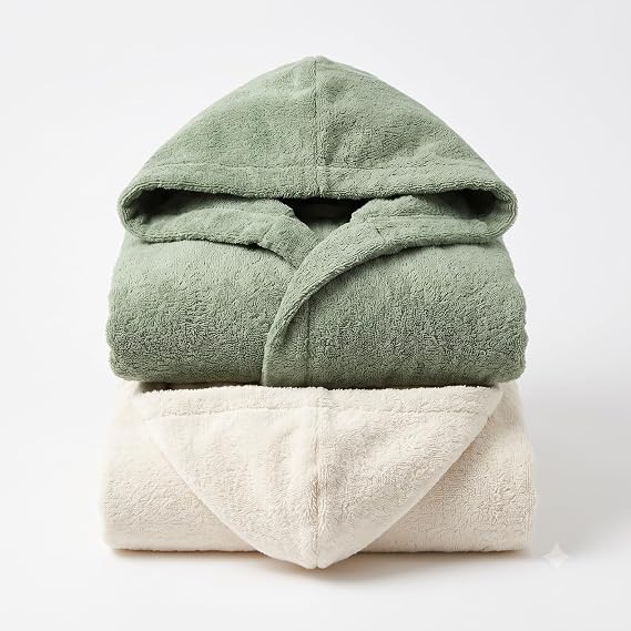 set 2 accappatoi cotone morbidi e assorbenti nei colori verde salvia e panna, piegati e pronti all'uso