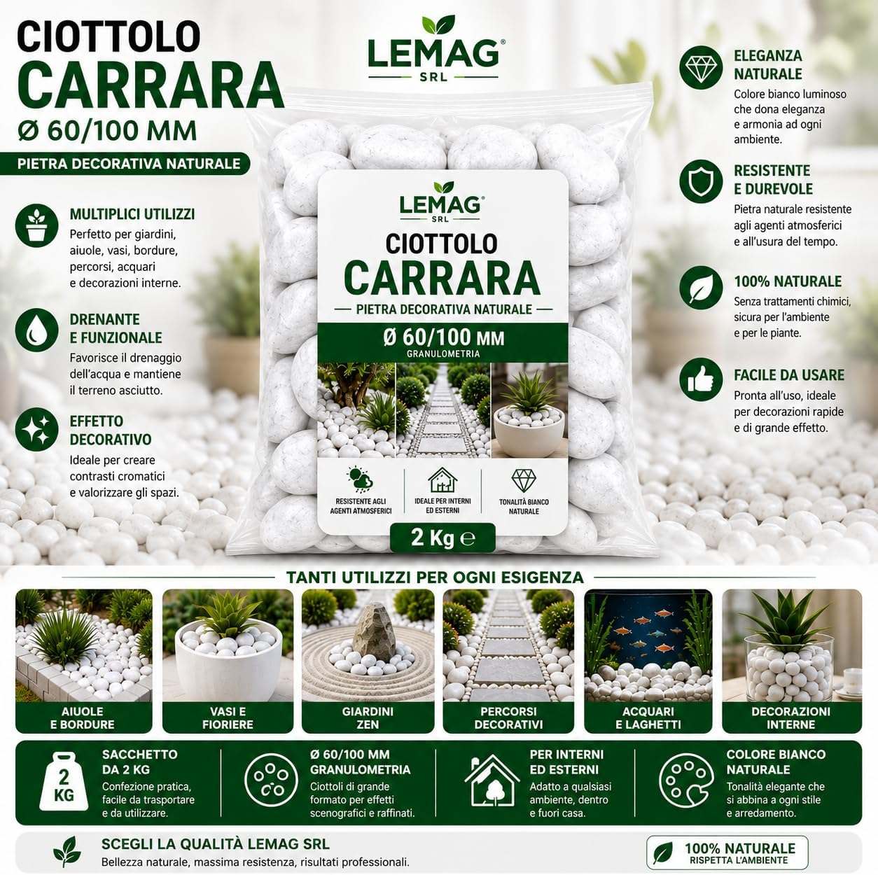 Ciottolo Carrara Bianco Ø 60/100 mm in Big Bag da 2 kg Pietra Decorativa Naturale per Giardino Aiuole Vasi Interno Esterno - Lemag srl