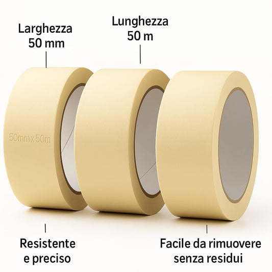 Nastro carta per mascheratura 50 mm x 50 m, set 3 rotoli per imbianchini e verniciatura – dettaglio