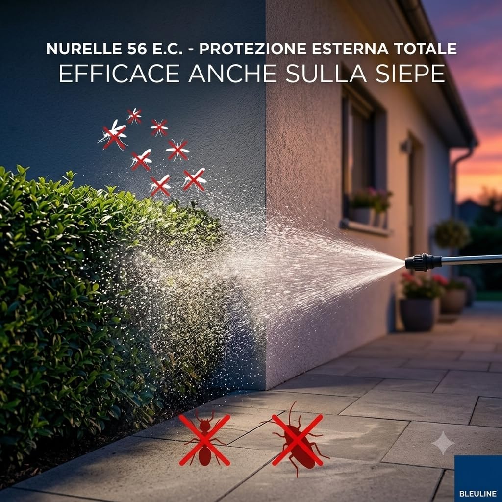 Applicazione di insetticida alla cipermetrina Nurelle 56 EC sulla siepe per una protezione esterna totale contro gli insetti.