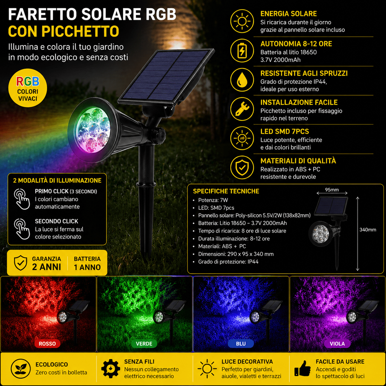 Faretto LED Solare Round con Picchetto 7W RGB IP44 - Lemag srl