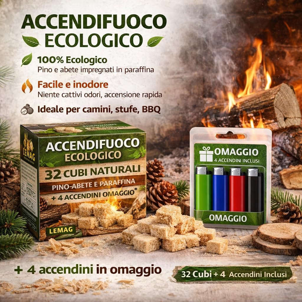Accendifuoco Ecologico 32 Cubi Naturali Pino Abete e Paraffina Inodore per Camino Stufa Barbecue Grill + 4 Accendini Omaggio LEMAG SRL - Lemag srl