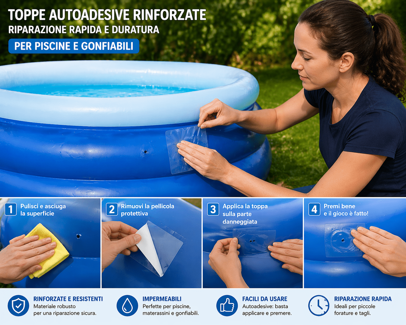 Toppe Riparazione Piscine Gonfiabili Autoadesive 10 Pz - Lemag srl