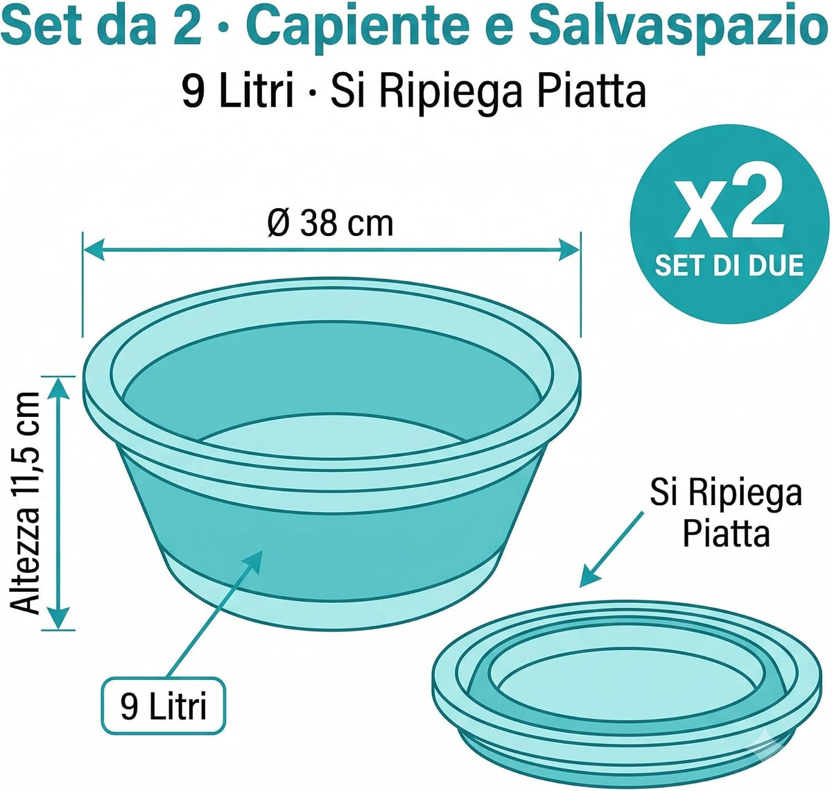 Set di 2 bacinelle pieghevoli salvaspazio da 9 litri con indicazioni delle dimensioni: diametro 38 cm e altezza 11,5 cm.