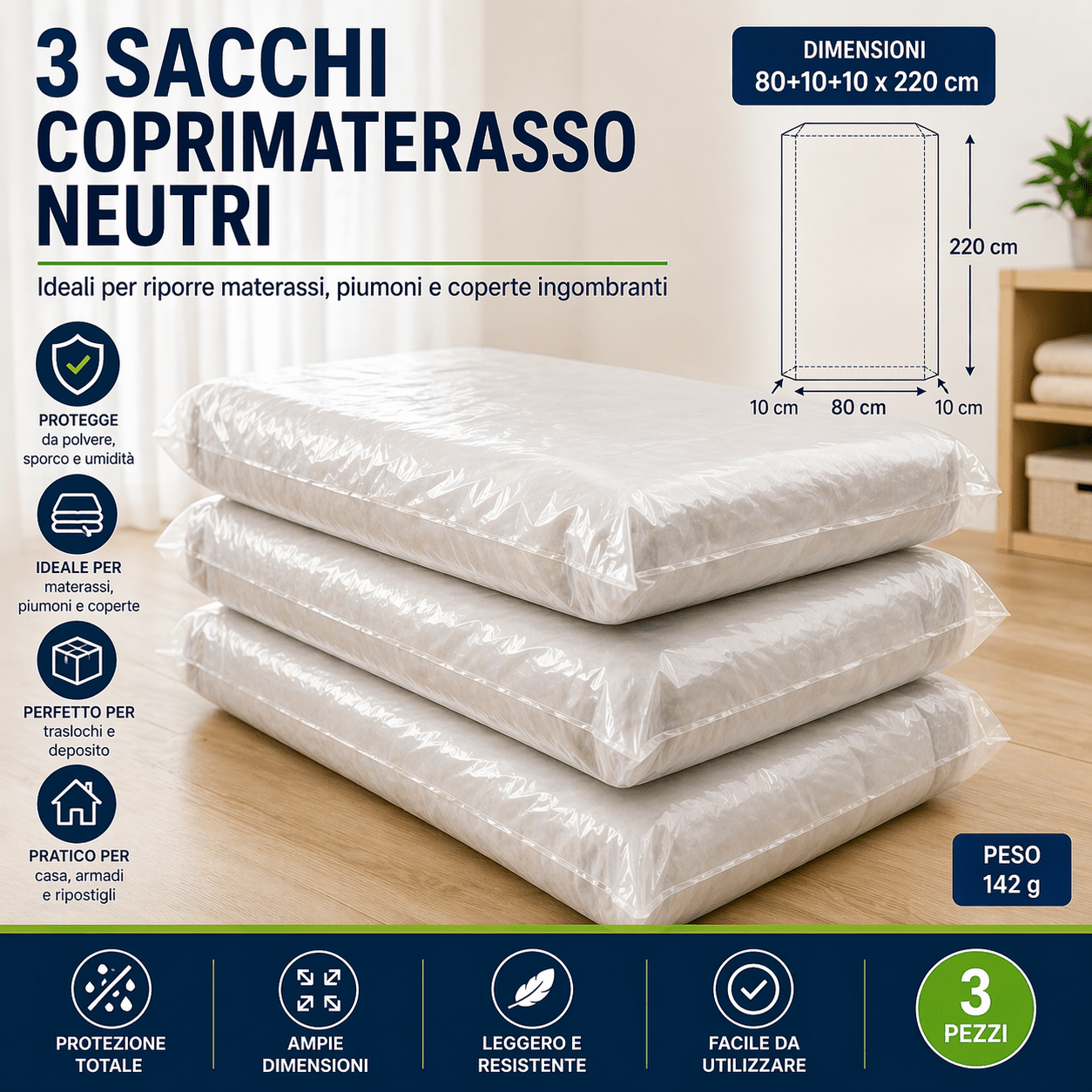 3 Sacchi Coprimaterasso 80+10+10x220 cm Protezione Materassi - Lemag srl