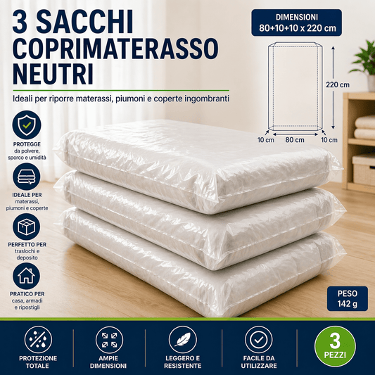 3 Sacchi Coprimaterasso 80+10+10x220 cm Protezione Materassi - Lemag srl