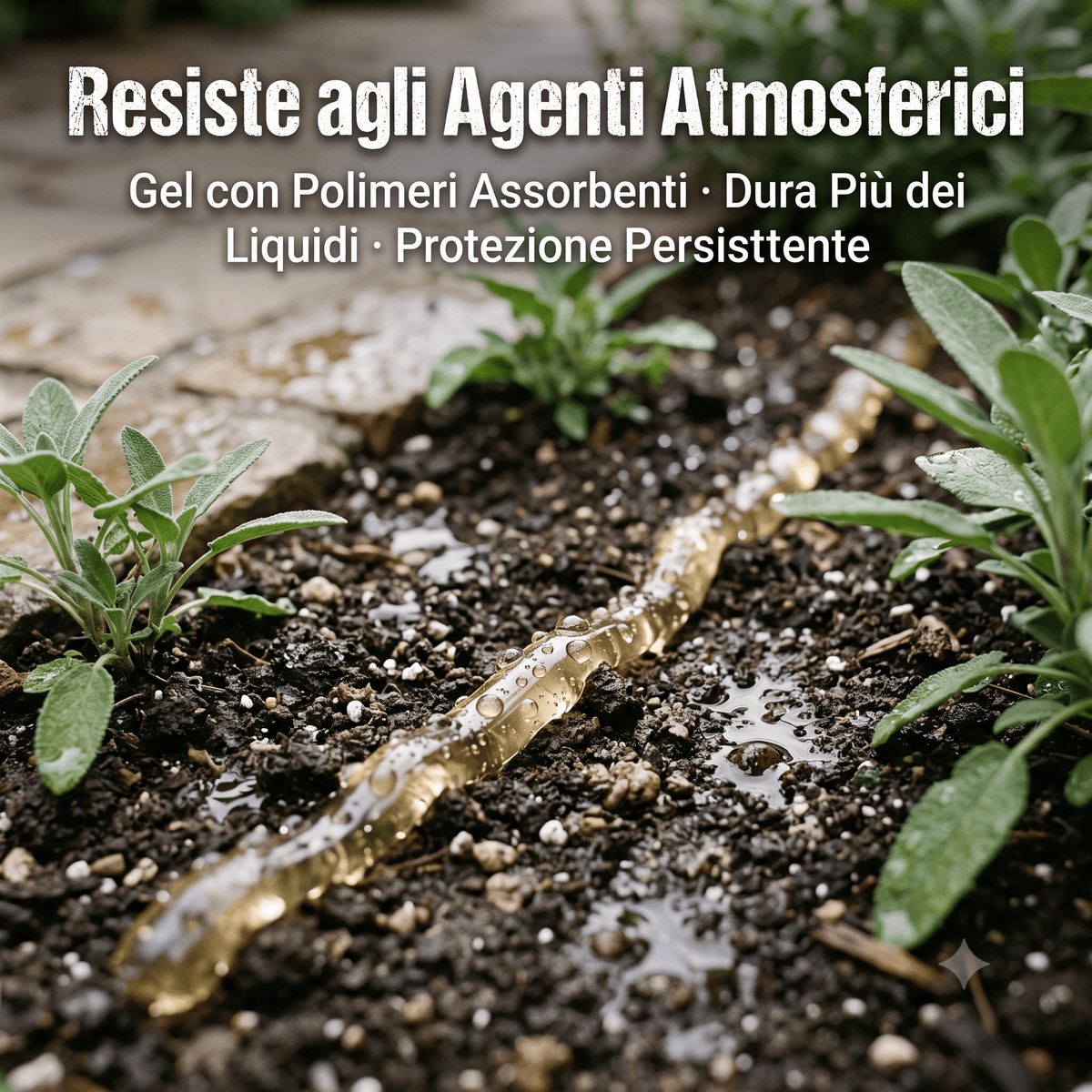 Gel repellente per serpenti applicato sul terreno del giardino, resistente alla pioggia e agli agenti atmosferici.