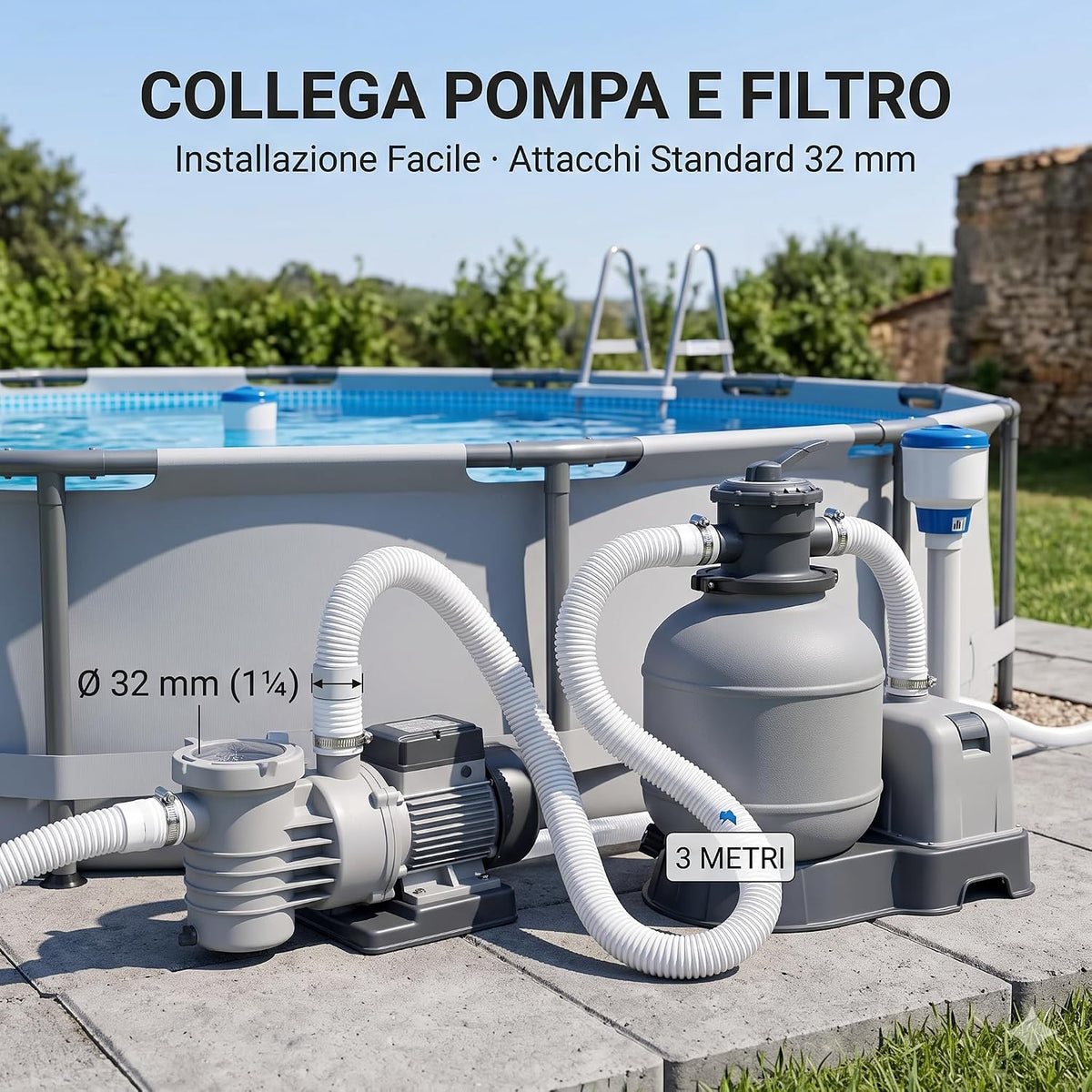 Collegamento facile del filtro con il tubo pompa piscina 32 mm da 3 metri per la filtrazione dell'acqua di una piscina fuori terra.