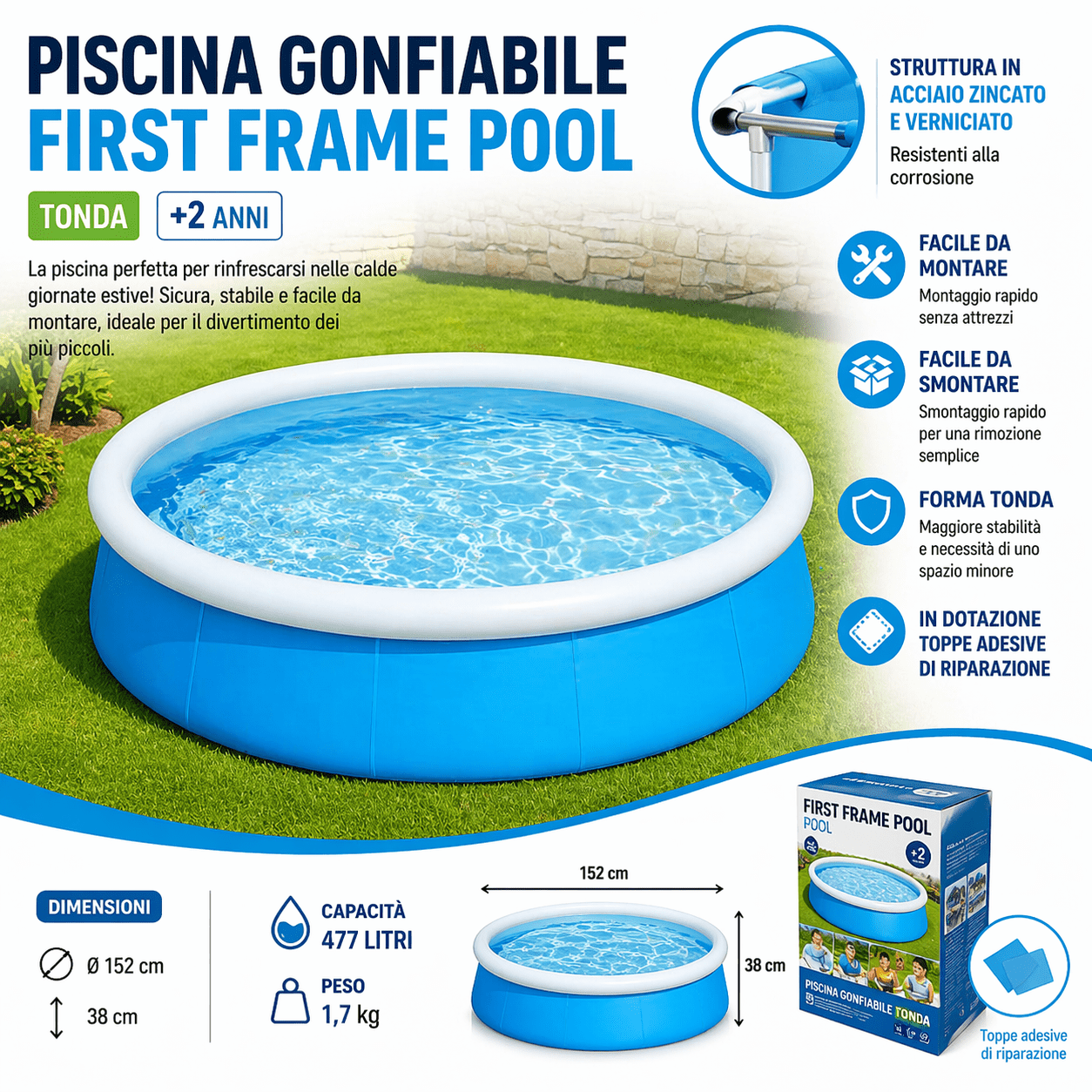 Piscina Gonfiabile Tonda Ø152x38 cm Struttura Acciaio - Lemag srl
