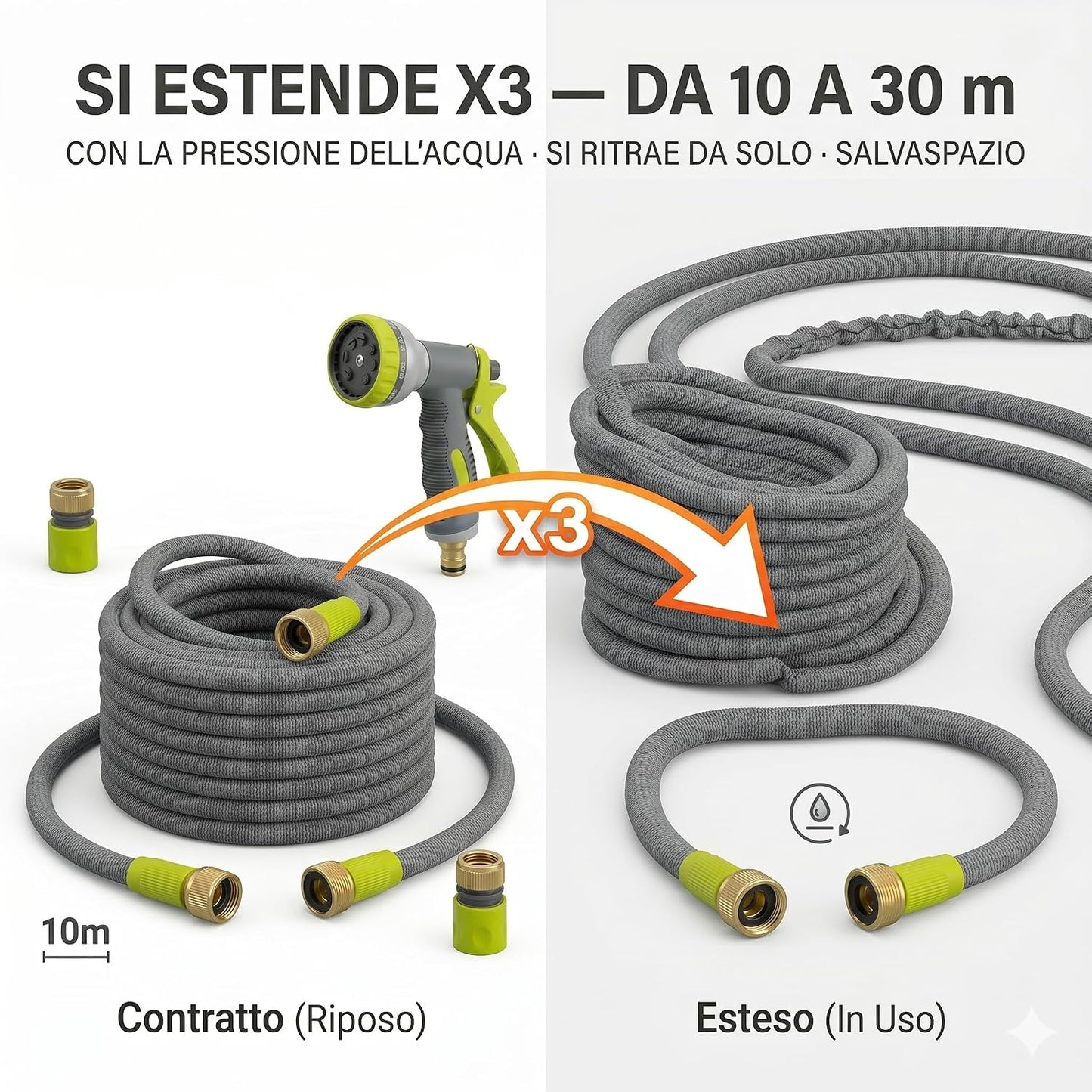 Tubo Estensibile da Giardino Professionale 10-30 m con Pistola 10 Getti – Canna Acqua in Poliestere Stabilizzato UV e Lattice Antitorsione – Raccordi 1/2" Acquastop e 3/4" - Lemag srl