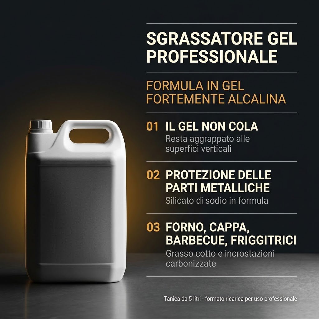 Sgrassatore Gel Professionale 5 Litri - Formula che Non Cola per Forno, Cappa, Griglie e Barbecue - Formato Ricarica per Cucine Professionali e Imprese di Pulizia - Lemag srl