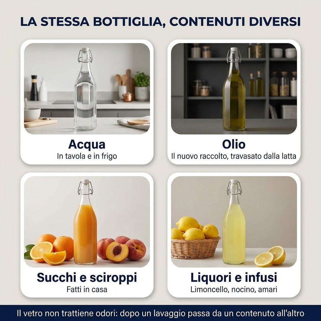Esempi di utilizzo delle bottiglie in vetro con tappo a leva per conservare acqua, olio, succhi e liquori fatti in casa.