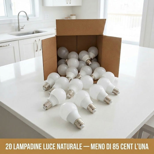 Set scorta da 20 lampadine LED E27 luce calda a goccia A60 che fuoriescono da una scatola di cartone su un piano da cucina.