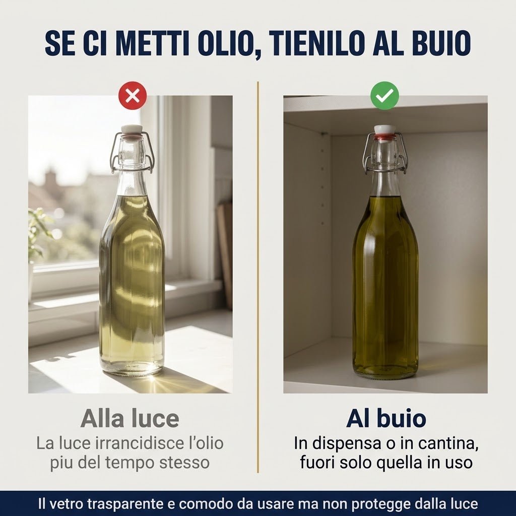 Consigli per conservare l'olio al buio usando bottiglie in vetro con tappo a leva per proteggerlo dalla luce diretta.