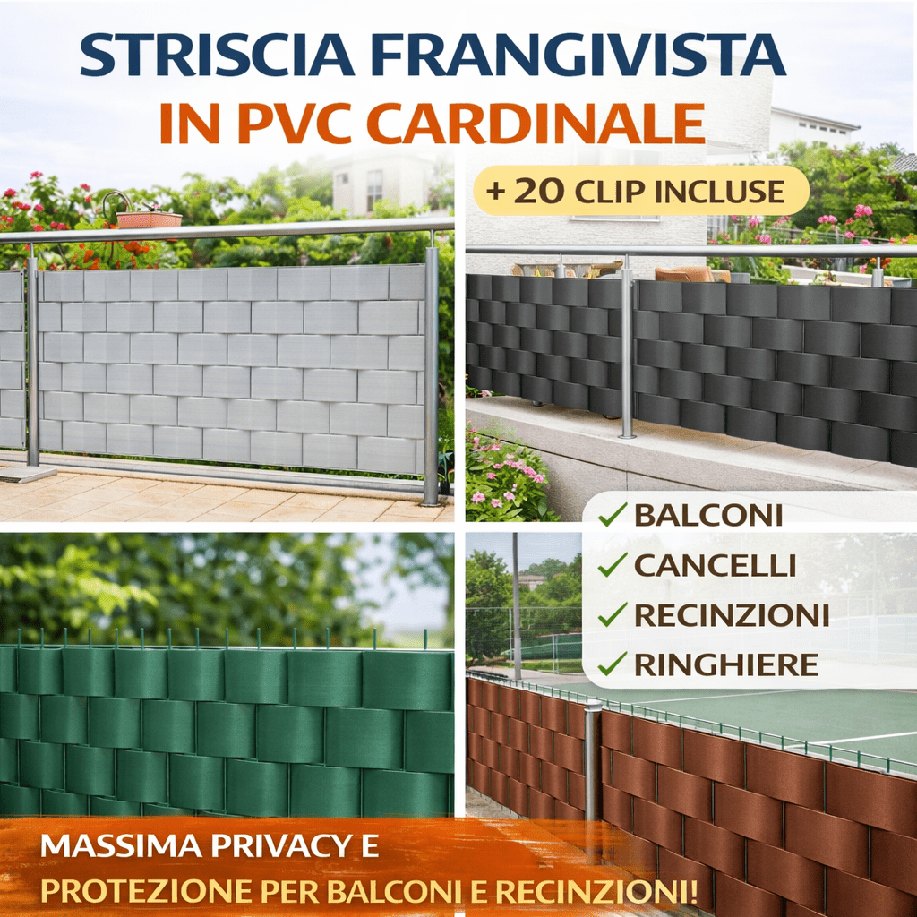 Striscia Frangivista in PVC Cardinale 19 cm x 35 m con 20 Clip Privacy Balcone Recinzione - Lemag srl