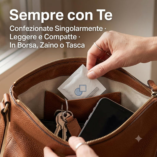 Mano che inserisce una bustina di salviette umidificate per occhiali monouso in una borsa di pelle.