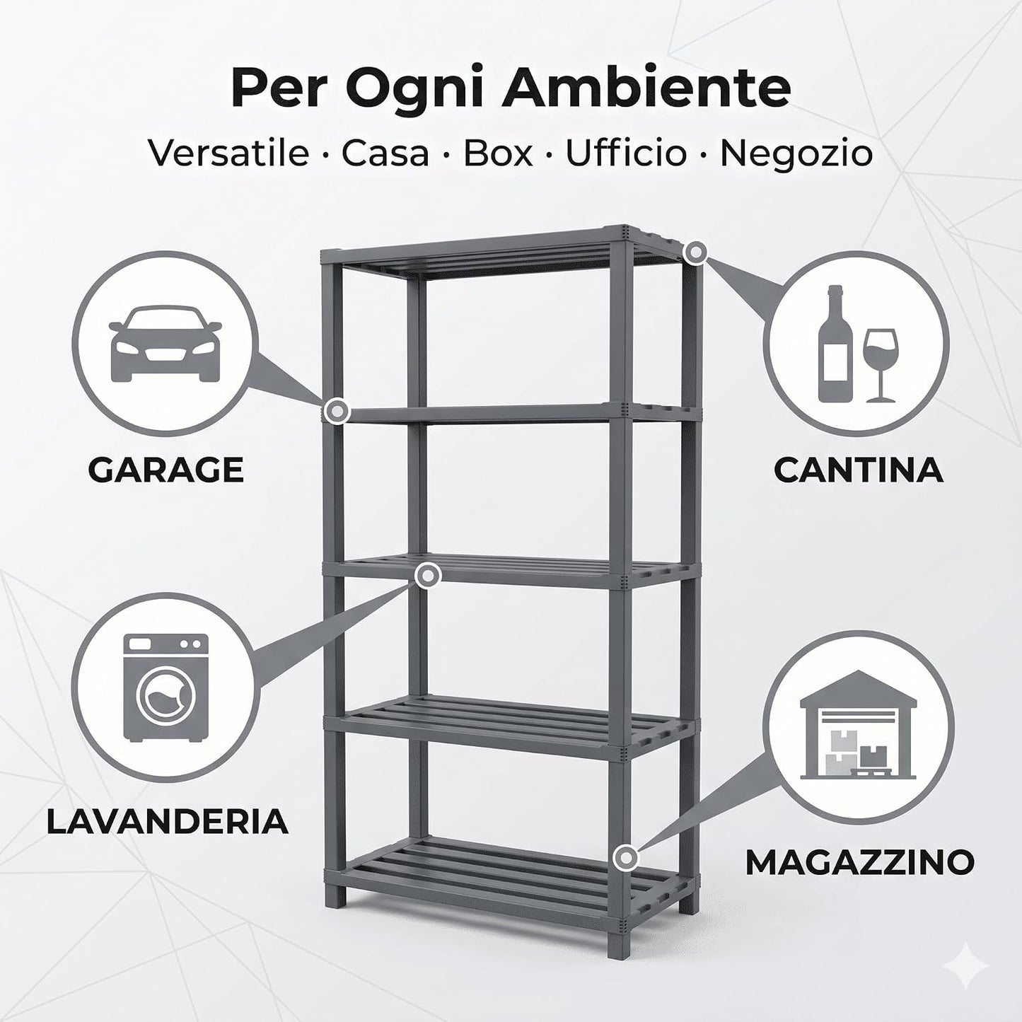 Scaffale in Resina 4 Ripiani 30x60x143h cm – Scaffalatura Portata 100 kg per Garage Cantina e Magazzino – Scaffale Plastica Resistente Montaggio a Incastro Senza Viti - Lemag srl
