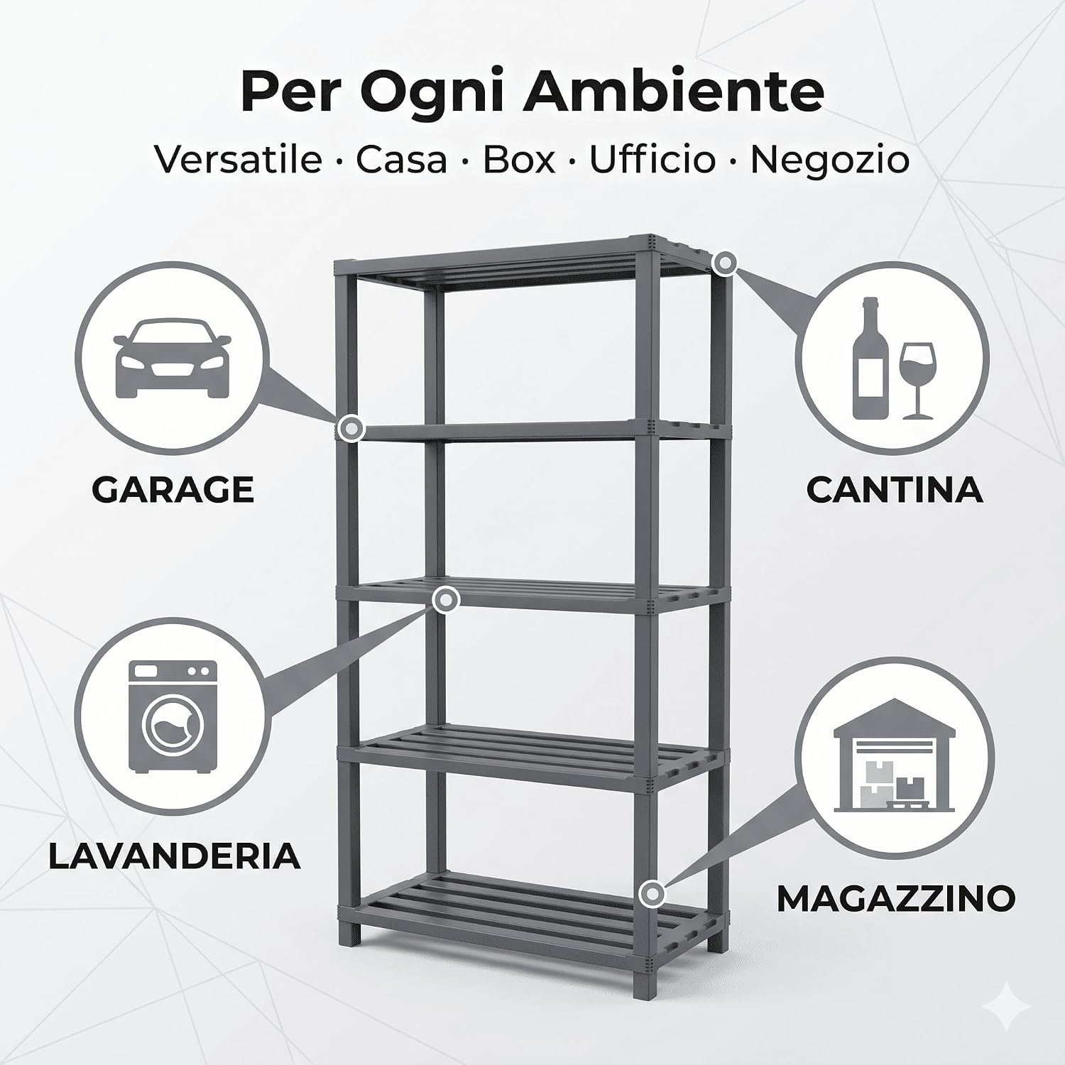 Scaffale in Resina 4 Ripiani 30x60x143h cm – Scaffalatura Portata 100 kg per Garage Cantina e Magazzino – Scaffale Plastica Resistente Montaggio a Incastro Senza Viti - Lemag srl