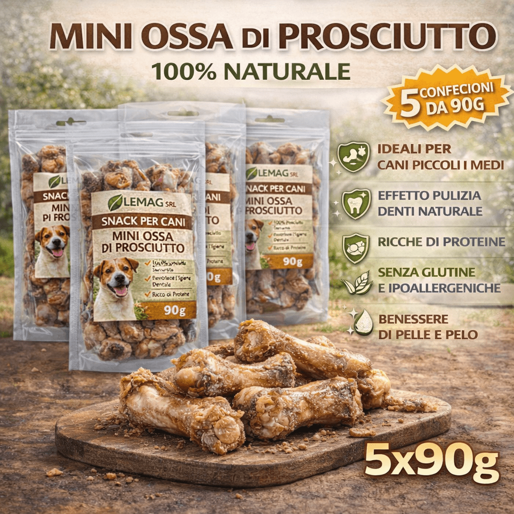 Snack per Cani Mini Ossa di Prosciutto 5 Confezioni da 90 g Naturale Masticativo - Lemag srl