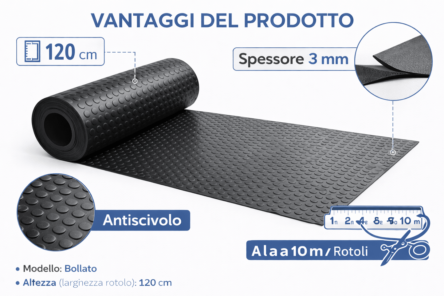 Tappeto Bollato in Gomma Nero H 120 cm – Rotolo da 1 a 10 m – Spessore 3 mm – Antiscivolo - Lemag srl